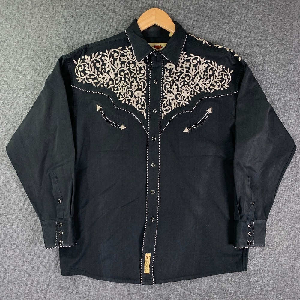 Larry Mahan Smile Pockets Shirt Men Large Black Embroidery Western Ranch Gaucho